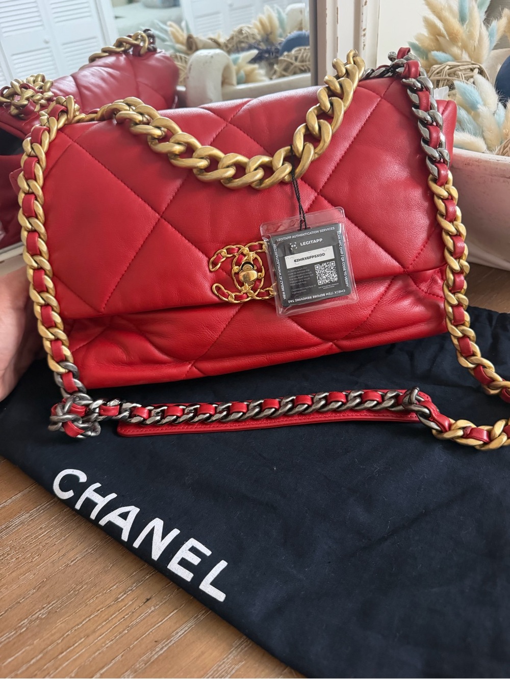 CHANEL large  Red Quilted Leather Shoulder Bag with Mixed Metal Chain